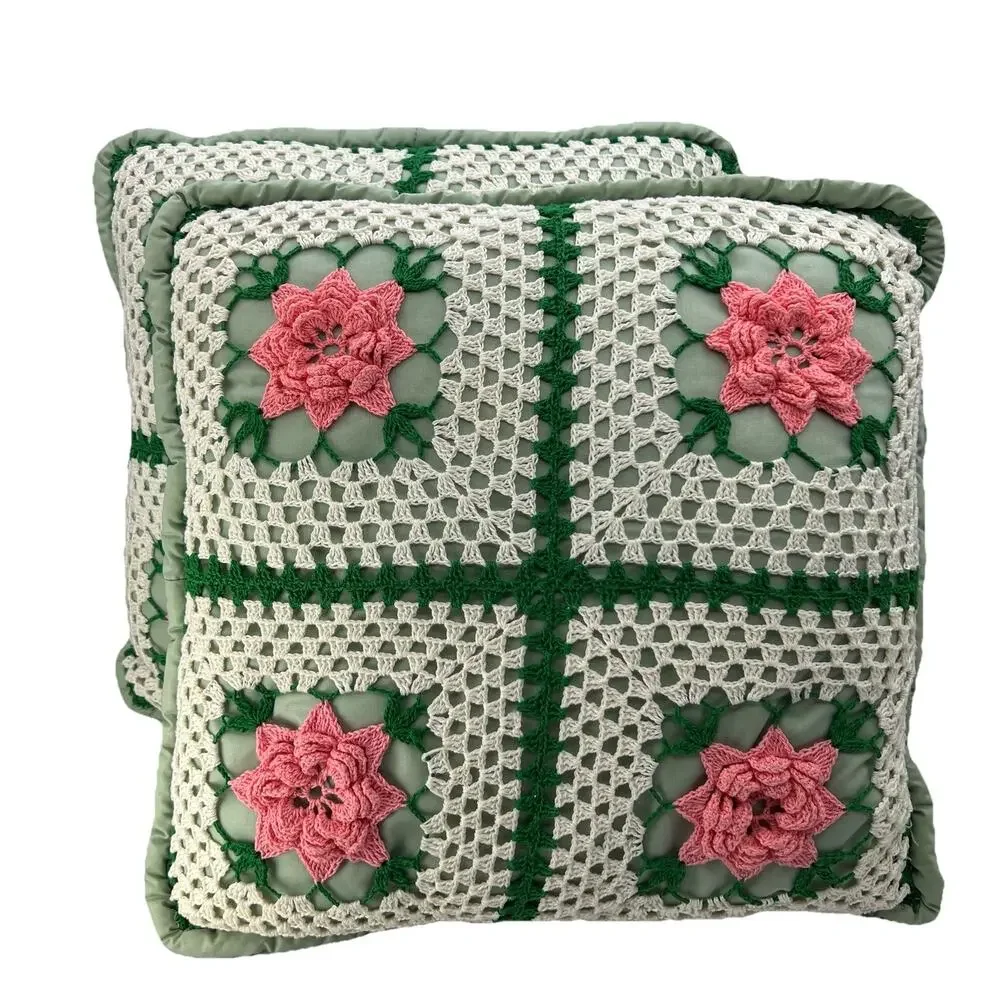Vintage Hand Crocheted Granny Square Accent Pillow 14